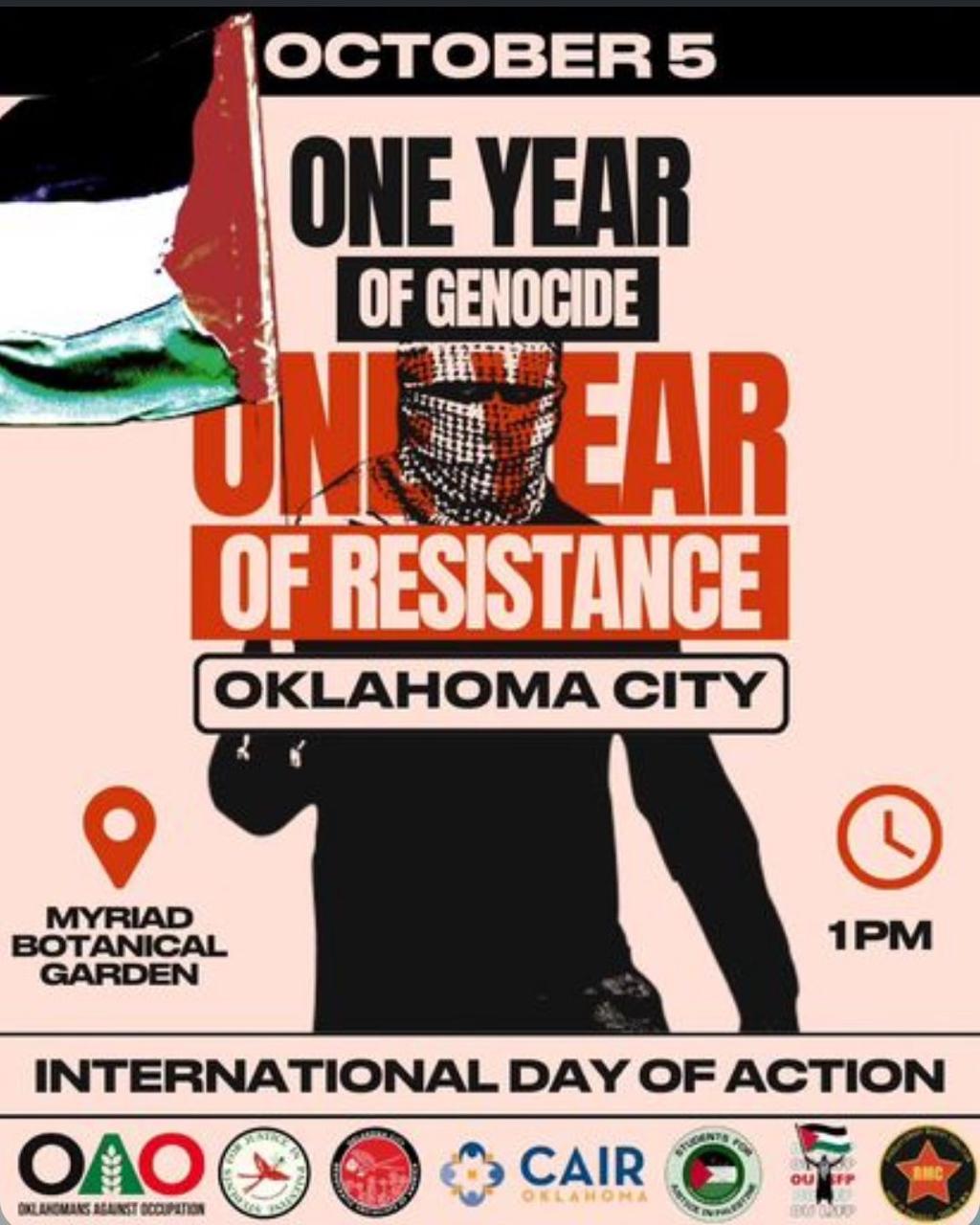 Pro-Palestinian rally in OKC’s Myriad Gardens is planned to mark ‘One Year of Resistance’